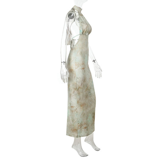 Damen elegantes Maxikleid mit kreativem Schlitz und schimmerndem Wasserfallausschnitt EB