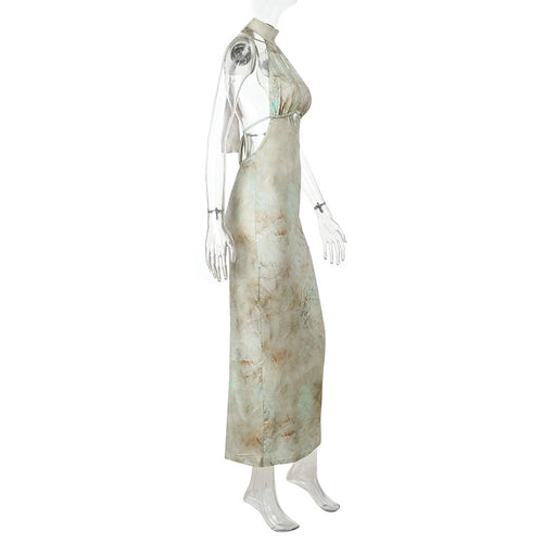 Damen elegantes Maxikleid mit kreativem Schlitz und schimmerndem Wasserfallausschnitt EB