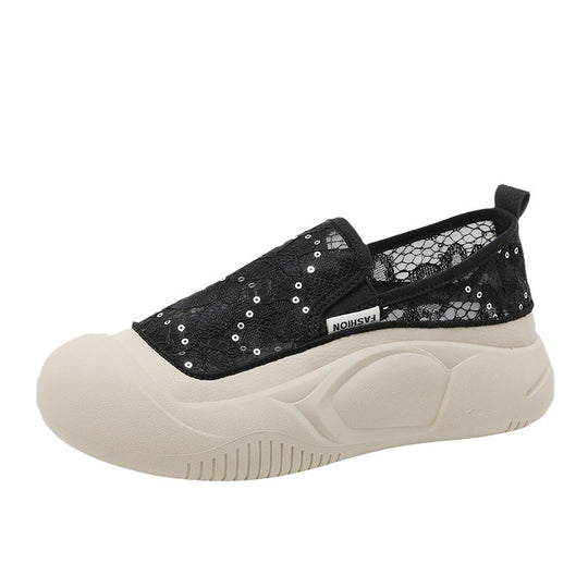 Damen bequeme Slip-On Sneakers mit luftiger Spitze und elastischem Riemen EB