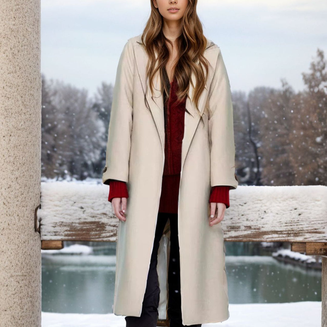 Damen eleganter langer Mantel mit breitem Revers und Gürtel EB