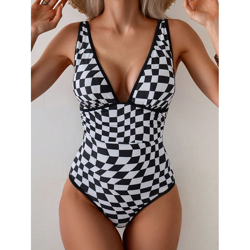 Damen Einteiler Badeanzug mit aufregendem Schachbrettmuster und figurbetonendem Design EB