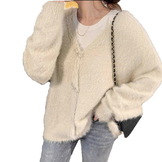 Damen Flauschiger Mohair‑Optik Cardigan mit dekorativen Schleifenverschlüssen EB