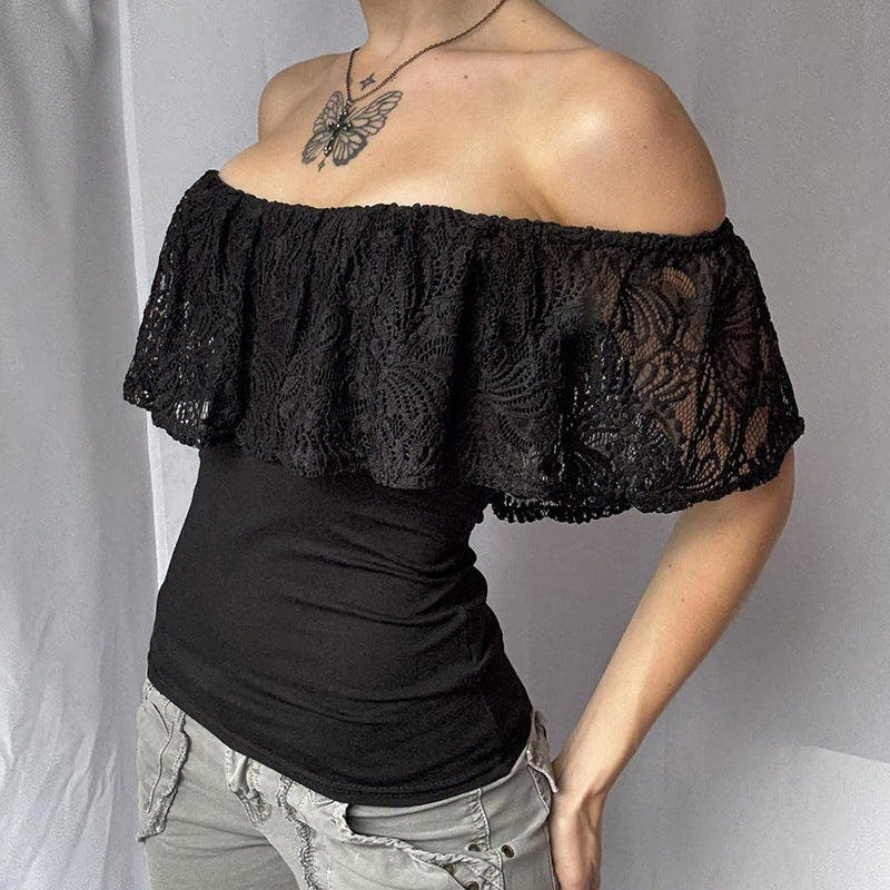 Damen Off-Shoulder Oberteil mit Rüschendetails und eleganten Spitzenakzenten EB