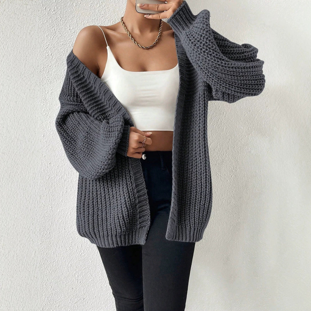 Damen nan Oversize-Strickcardigan mit grobem Waffelstrick, offener Front und voluminösen Ballonärmeln EB