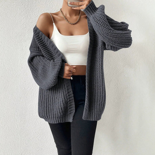 Damen nan Oversize-Strickcardigan mit grobem Waffelstrick, offener Front und voluminösen Ballonärmeln EB