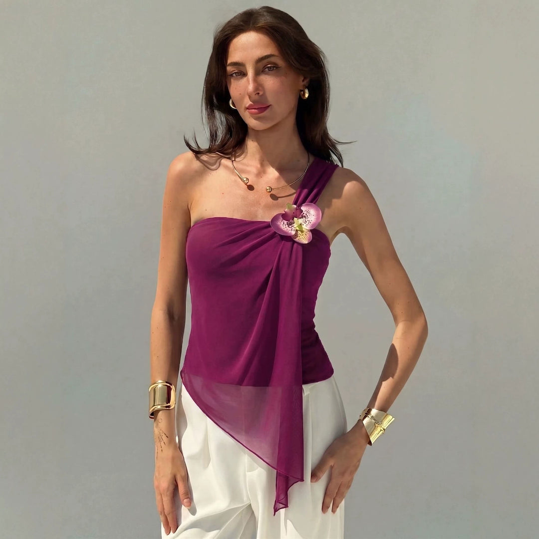 Damen nan asymmetrisches Einschulter-Chiffon-Oberteil mit Drapierung und Zierbrosche EB