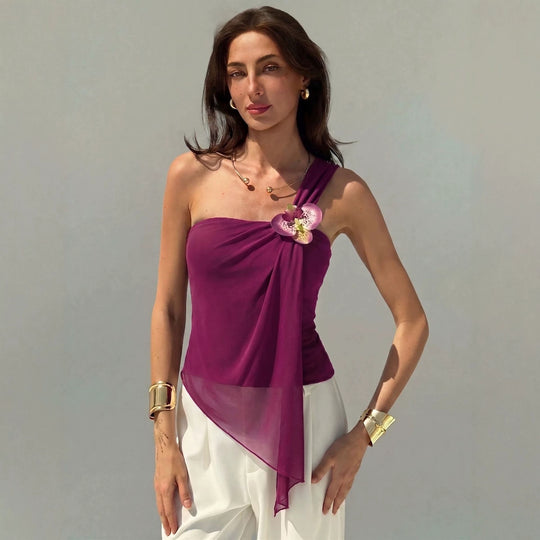 Damen nan asymmetrisches Einschulter-Chiffon-Oberteil mit Drapierung und Zierbrosche EB