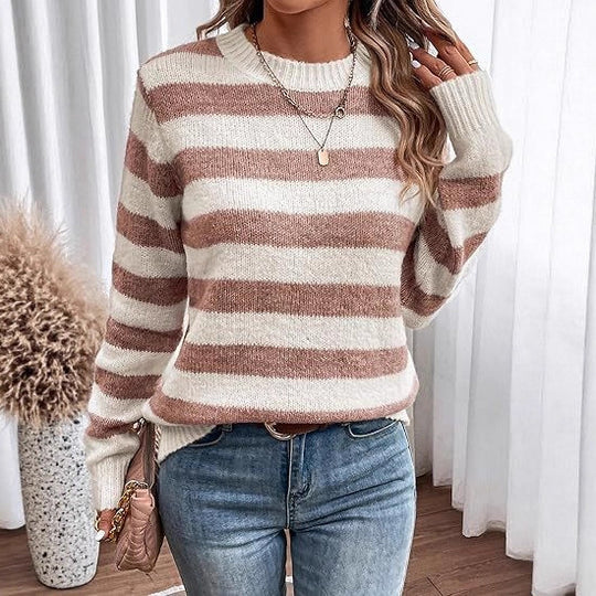 Damen lässiger Strickpullover mit breiten Querstreifen EB