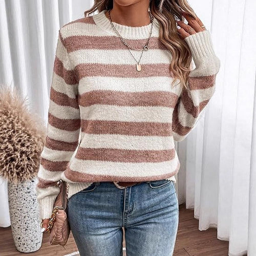 Damen lässiger Strickpullover mit breiten Querstreifen EB