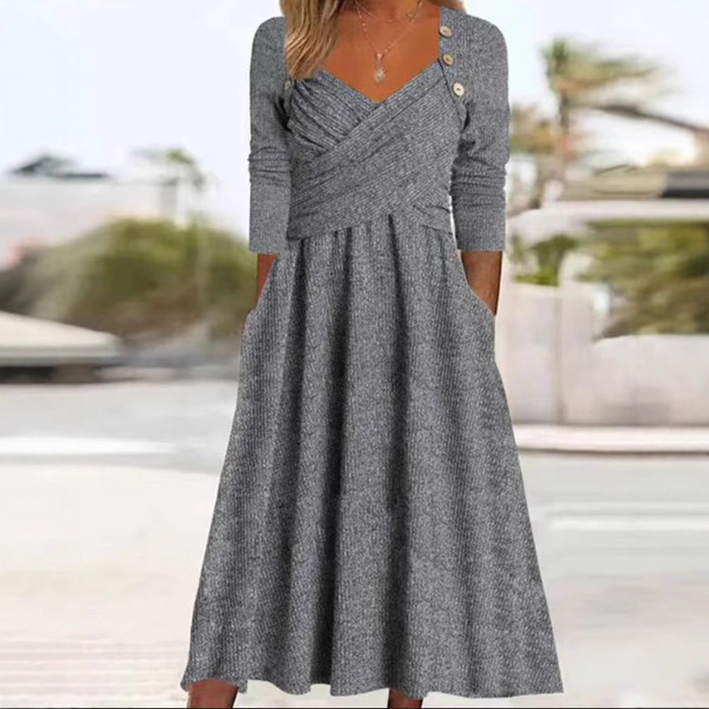 Damen Maxikleid mit eleganter Wickeloptik und praktischen Taschen Heidi-Mode