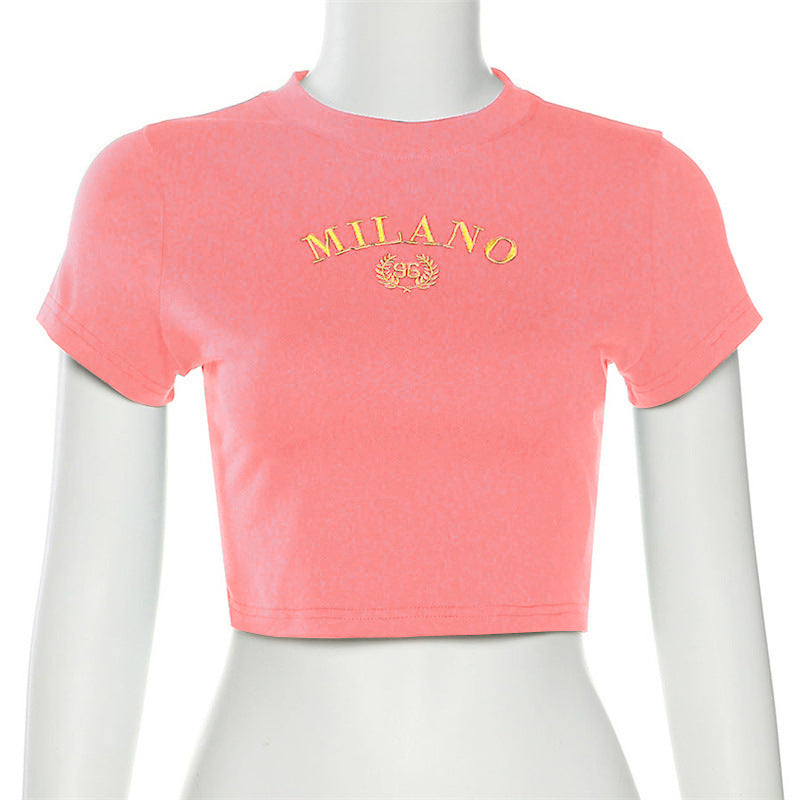 Damen cropped T-Shirt mit gesticktem Schriftzug und rundem Ausschnitt EB