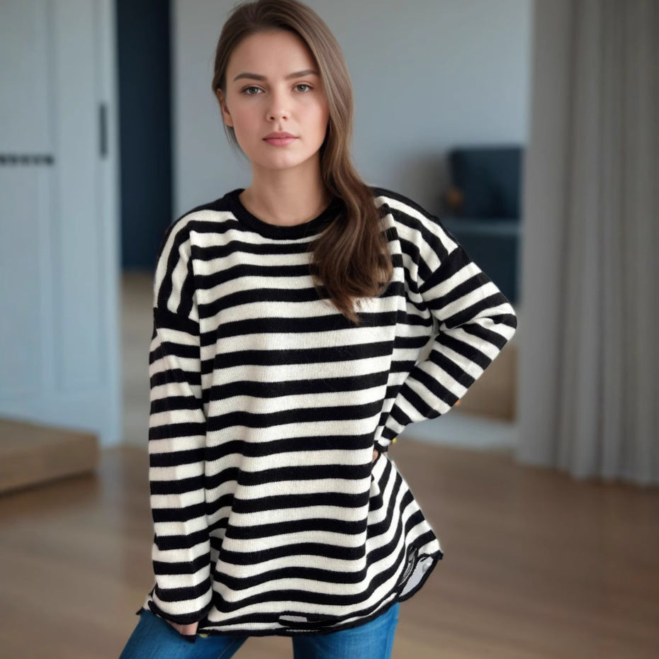 Damen lässiger Oversize-Pullover mit breiten Streifen EB