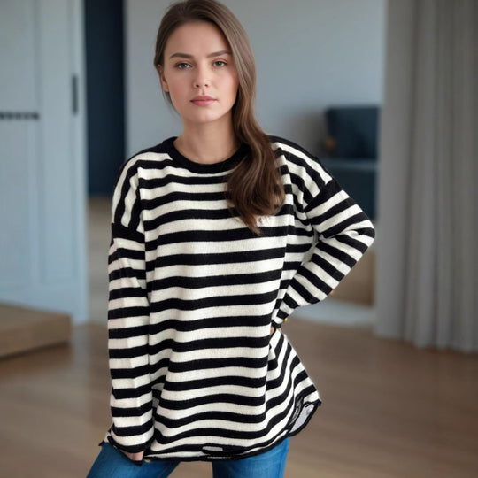 Damen lässiger Oversize-Pullover mit breiten Streifen EB