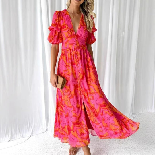 Damen Maxikleid mit Blumenmuster und V-Ausschnitt EB