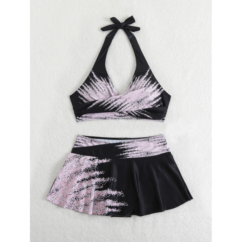 Damen Sport-Bikini-Set mit hochgeschlossenem Oberteil und schwingendem Rock EB