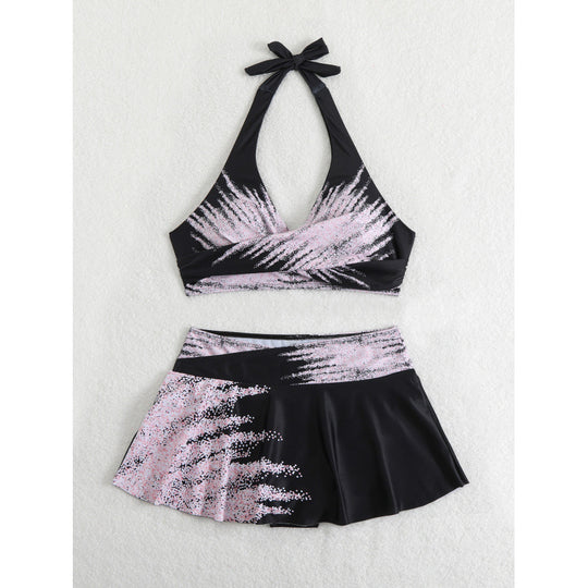 Damen Sport-Bikini-Set mit hochgeschlossenem Oberteil und schwingendem Rock EB