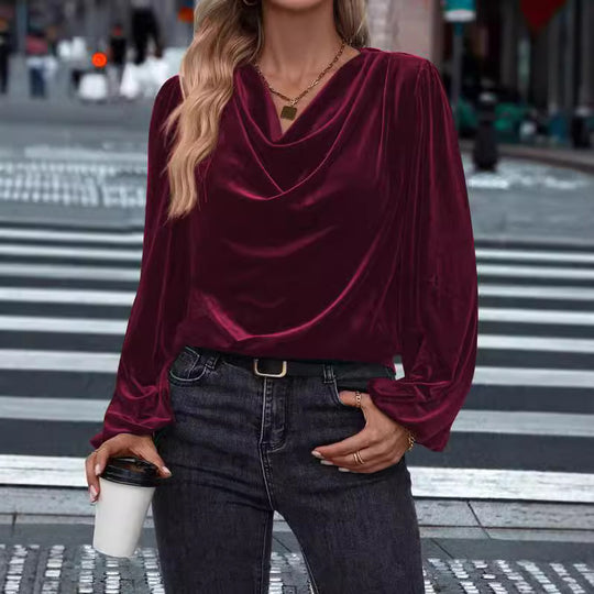 Damen elegante Bluse aus samtigem Material mit Drapé-Ausschnitt EB