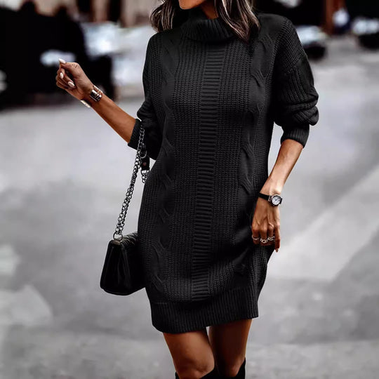 Damen Strickkleid mit modernem Zopfmuster und hochgeschlossenem Kragen EB
