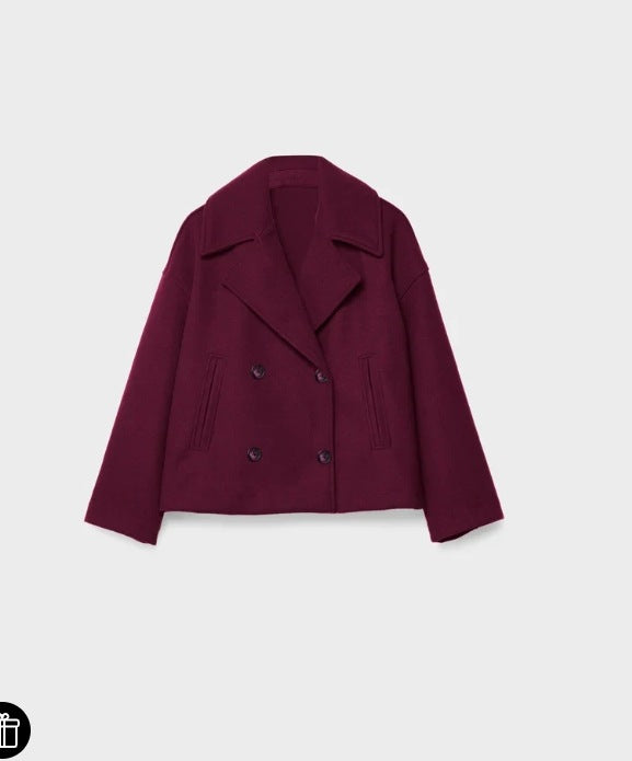 Damen nan kurz geschnittener Zweireiher Wollmix-Peacoat mit überbreitem Revers und kastiger Silhouette EB