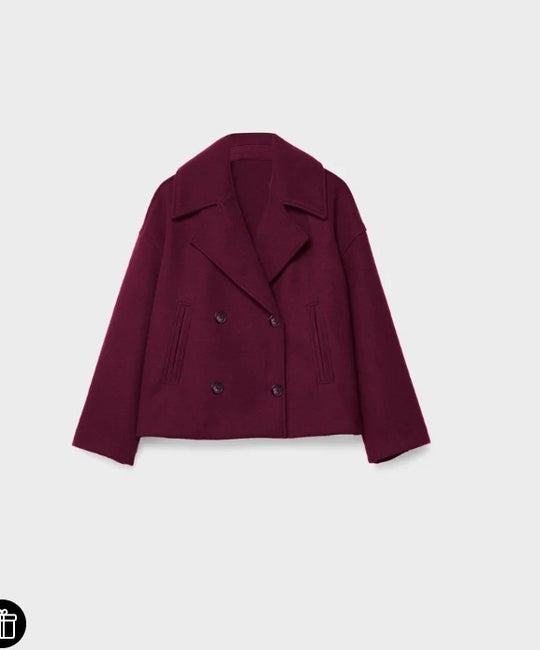 Damen nan kurz geschnittener Zweireiher Wollmix-Peacoat mit überbreitem Revers und kastiger Silhouette EB