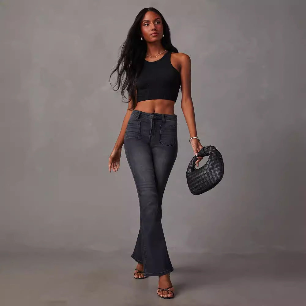 Damen Flared Jeans mit hohem Bund und strukturiertem Denim EB