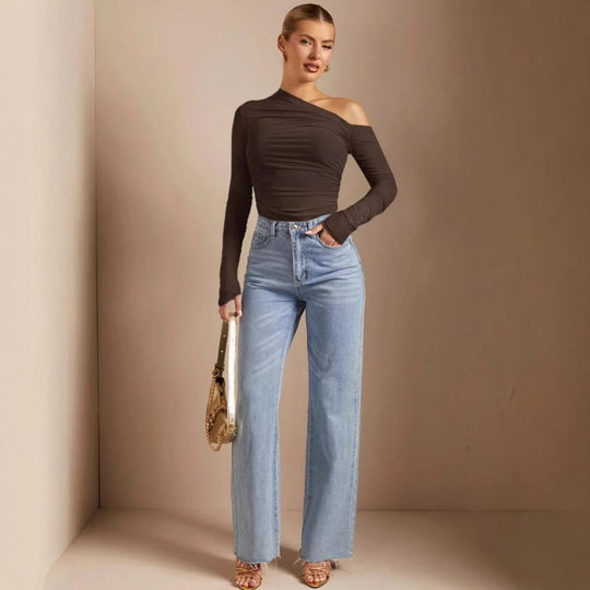 Damen Asymmetrischer Body mit Raffungen und langen Ärmeln EB