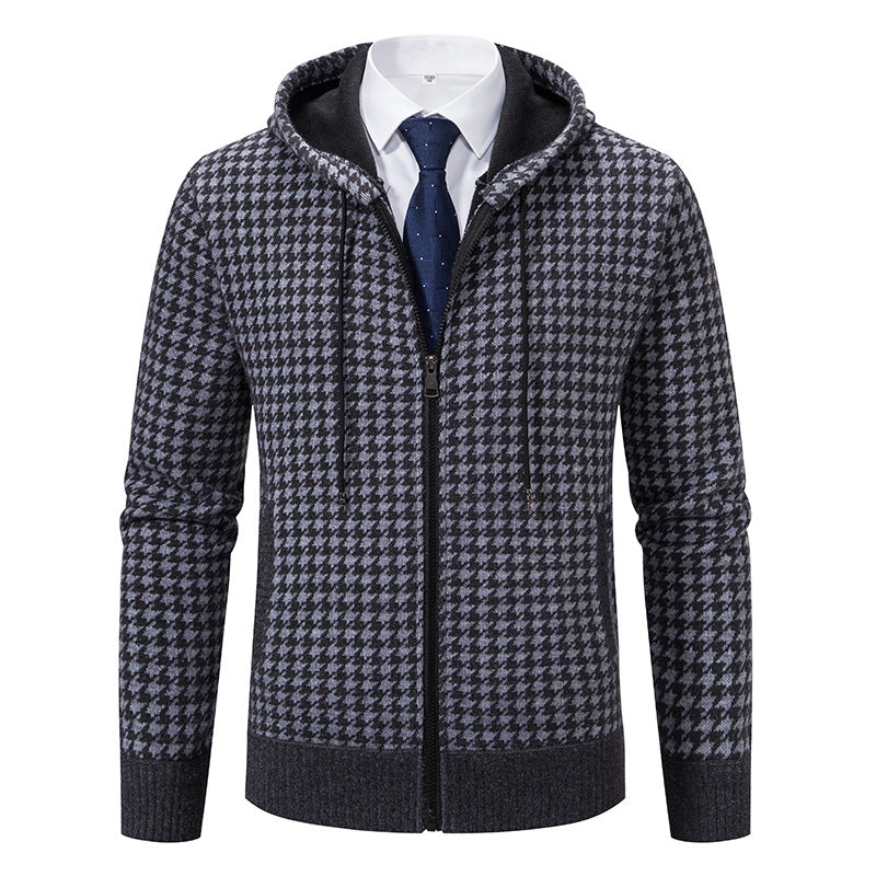 Herren gemütlicher Strickpullover mit modernem Karomuster und Kapuze EB
