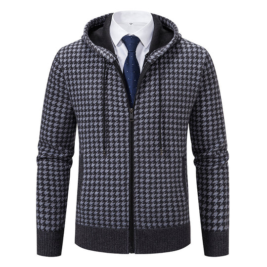 Herren gemütlicher Strickpullover mit modernem Karomuster und Kapuze EB