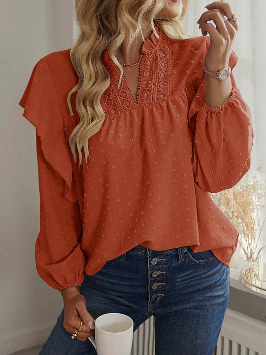 Damen Viskose-Bluse mit Spitzenstickerei und Volantärmeln EB