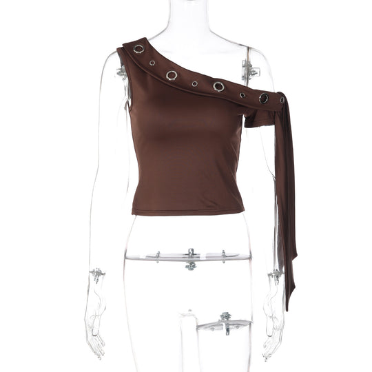 Damen elegantes schulterfreies Top mit dekorativen Ösen und langen Ärmeln EB