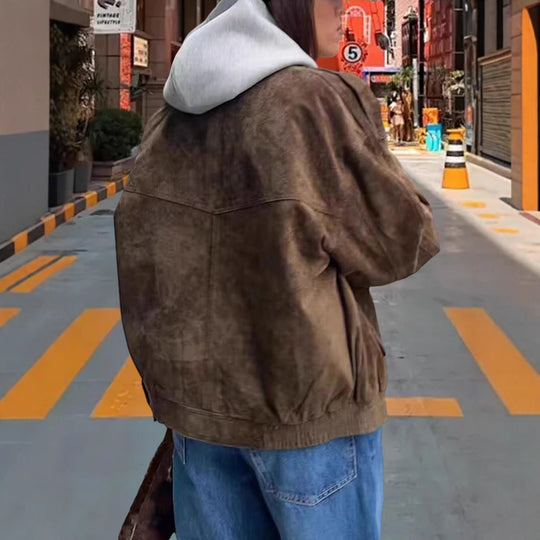 Damen Modische Kunstlederjacke mit lässigem Schnitt und praktischen Taschen EB