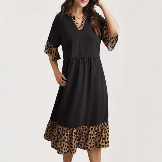 Damen Kleid mit modernem V-Ausschnitt und tierischem Musterdetail EB