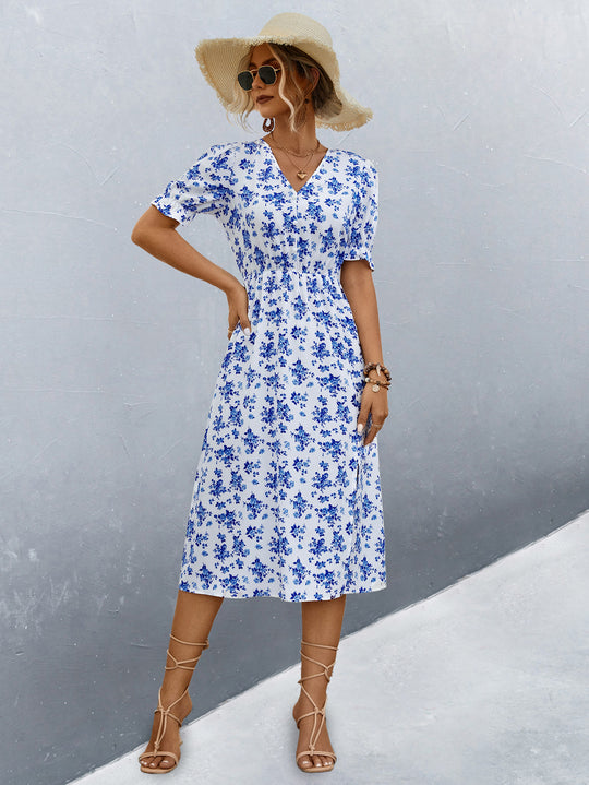 Damen midi Kleid mit floralen Mustern und seitlichem Schlitz EB