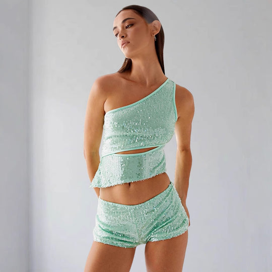 Damen Glamouröses Pailletten-Top mit Cut-Out-Design und Shorts EB