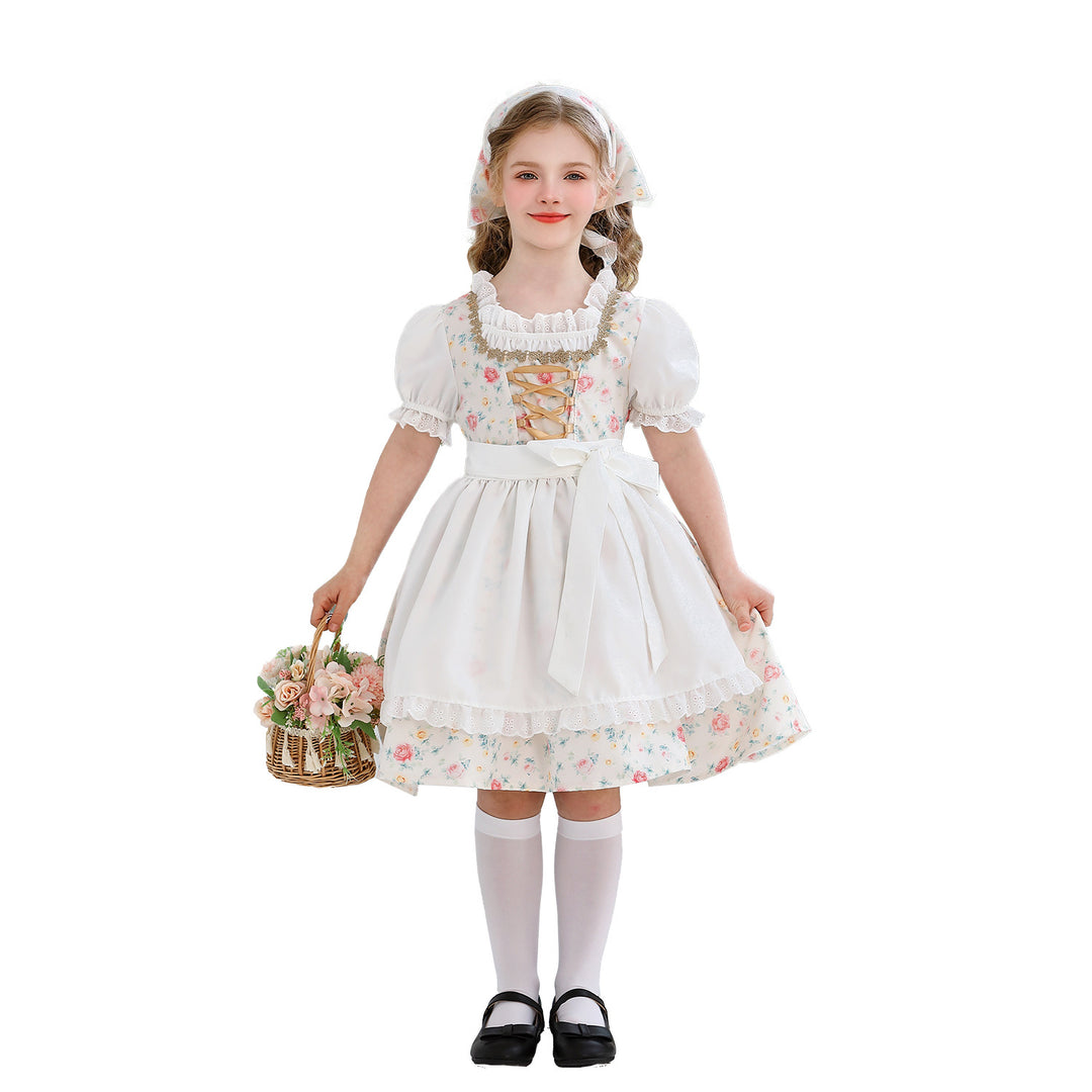 Damen nan traditionelles Dirndlkleid für Mädchen mit bestickter Schürze, Rüschenkragen und passendem Kopftuch EB