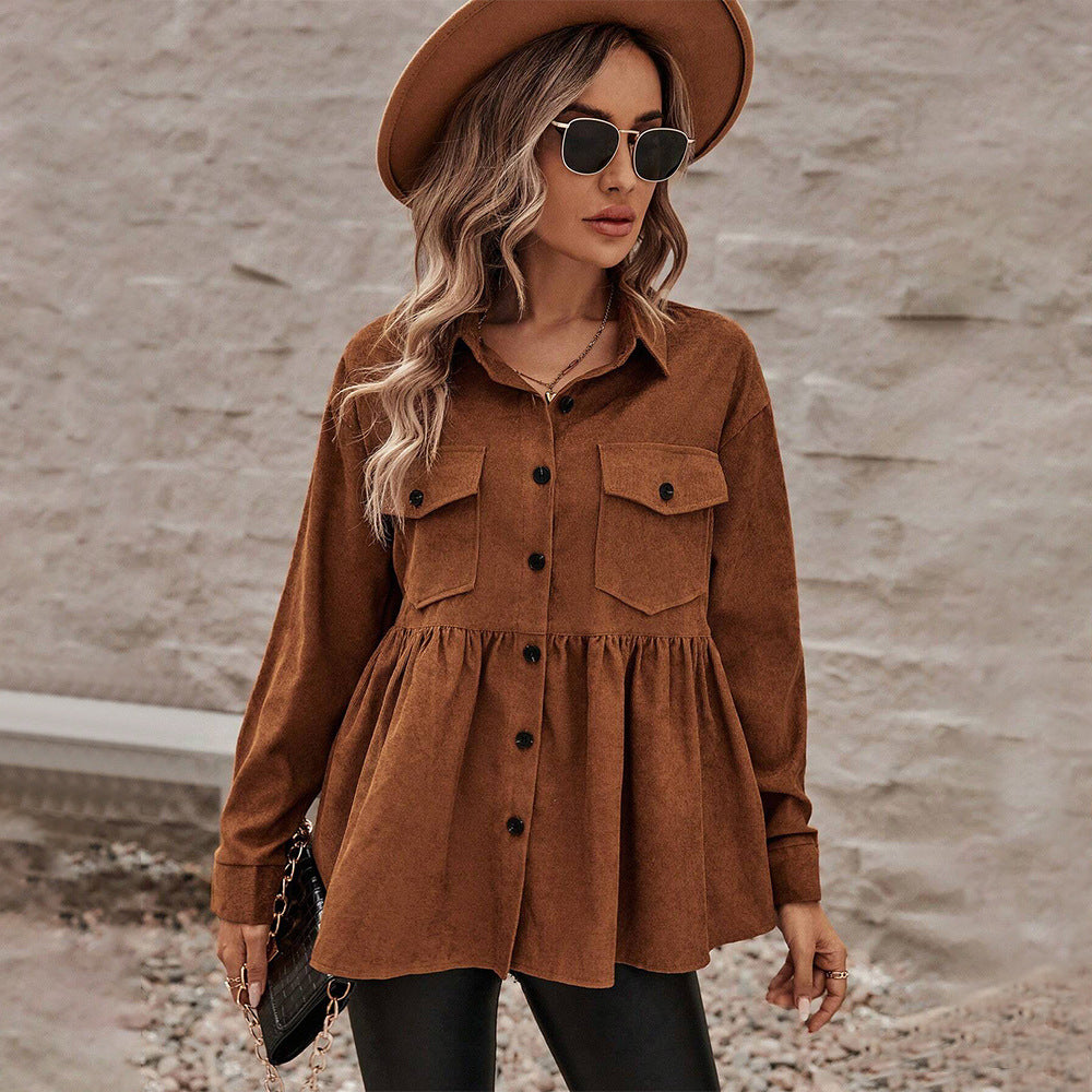 Damen Cord-Peplum-Bluse mit Hemdkragen aufgesetzten Brusttaschen und durchgehender Knopfleiste Eichborn Berlin