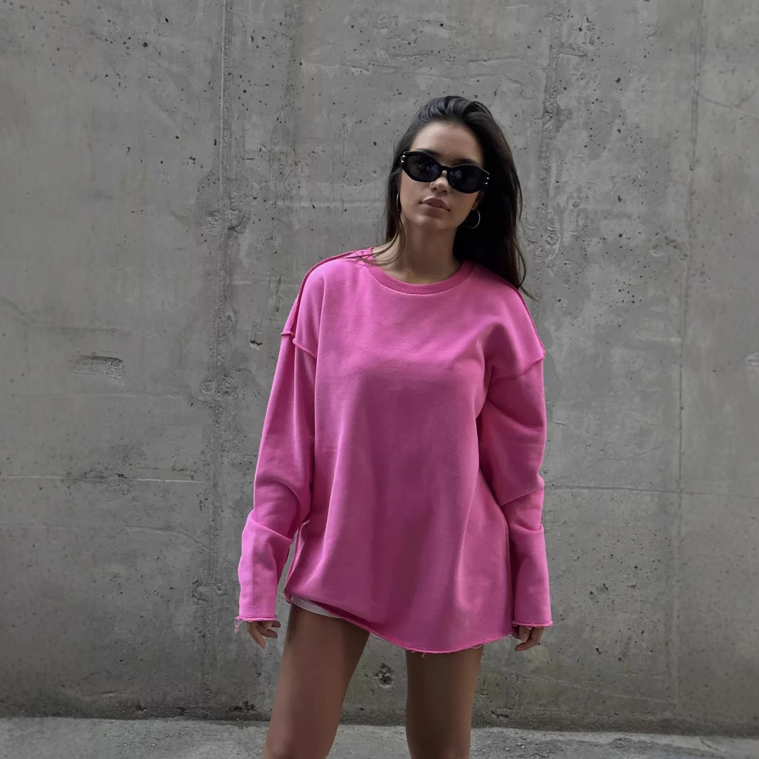 Damen oversized Sweatshirt mit ausgefranstem Saum und verlängerten Ärmeln EB