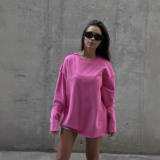 Damen oversized Sweatshirt mit ausgefranstem Saum und verlängerten Ärmeln EB