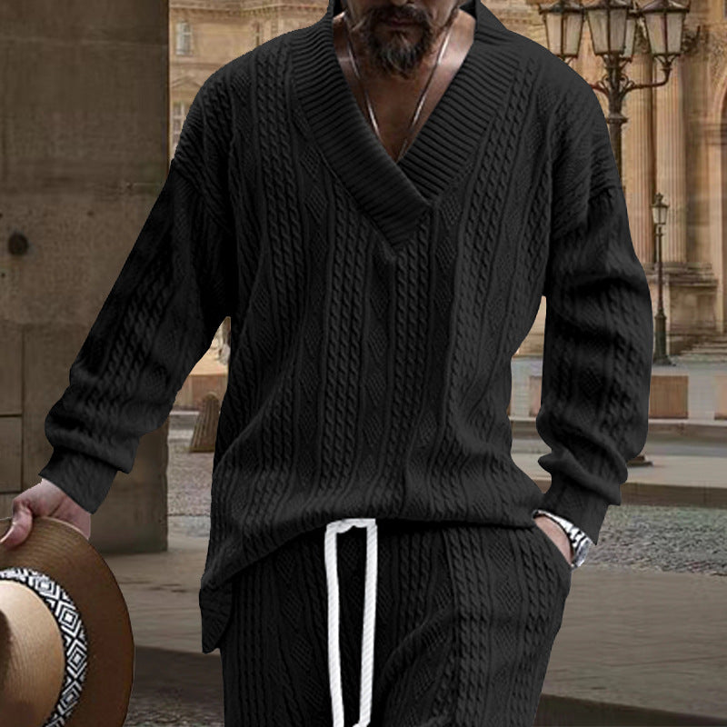 Herren nan grob gestrickter V-Ausschnitt-Pullover mit Zopfmuster und relaxed Fit EB