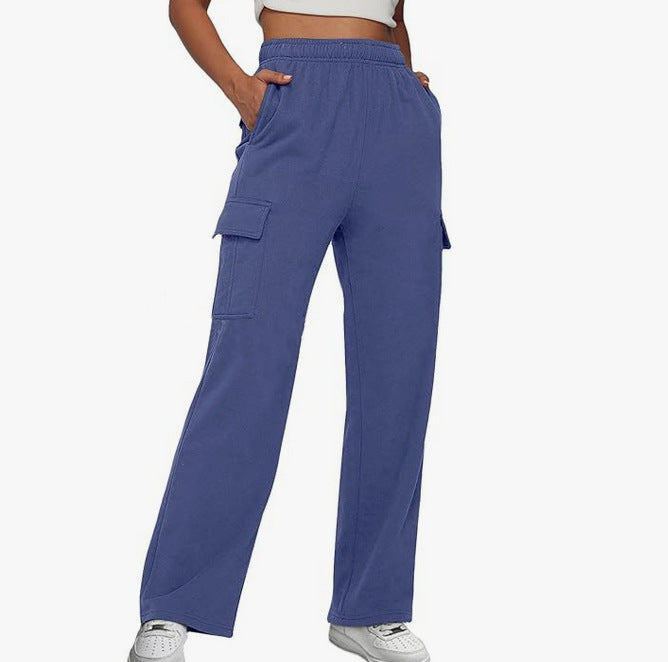 Damen nan lässige Cargo-Freizeithose mit weitem Bein elastischem Bund und aufgesetzten Taschen EB