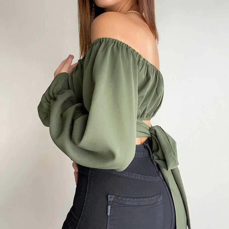 Damen Off-Shoulder Bluse mit Raffung und langen Ärmeln EB