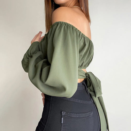 Damen Off-Shoulder Bluse mit Raffung und langen Ärmeln EB