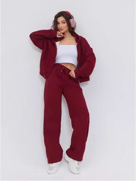 Damen nan zweiteiliges Cozy-Loungewear-Set mit Reißverschlusskapuze, taillenhoher Weitbein-Jogger und verdeckten Eingrifftaschen EB