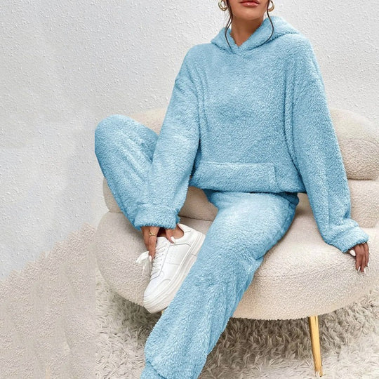Damen nan kuscheliges Teddy-Fleece Hausanzug-Set mit Kapuze, Kängurutasche und elastischer Jogginghose EB