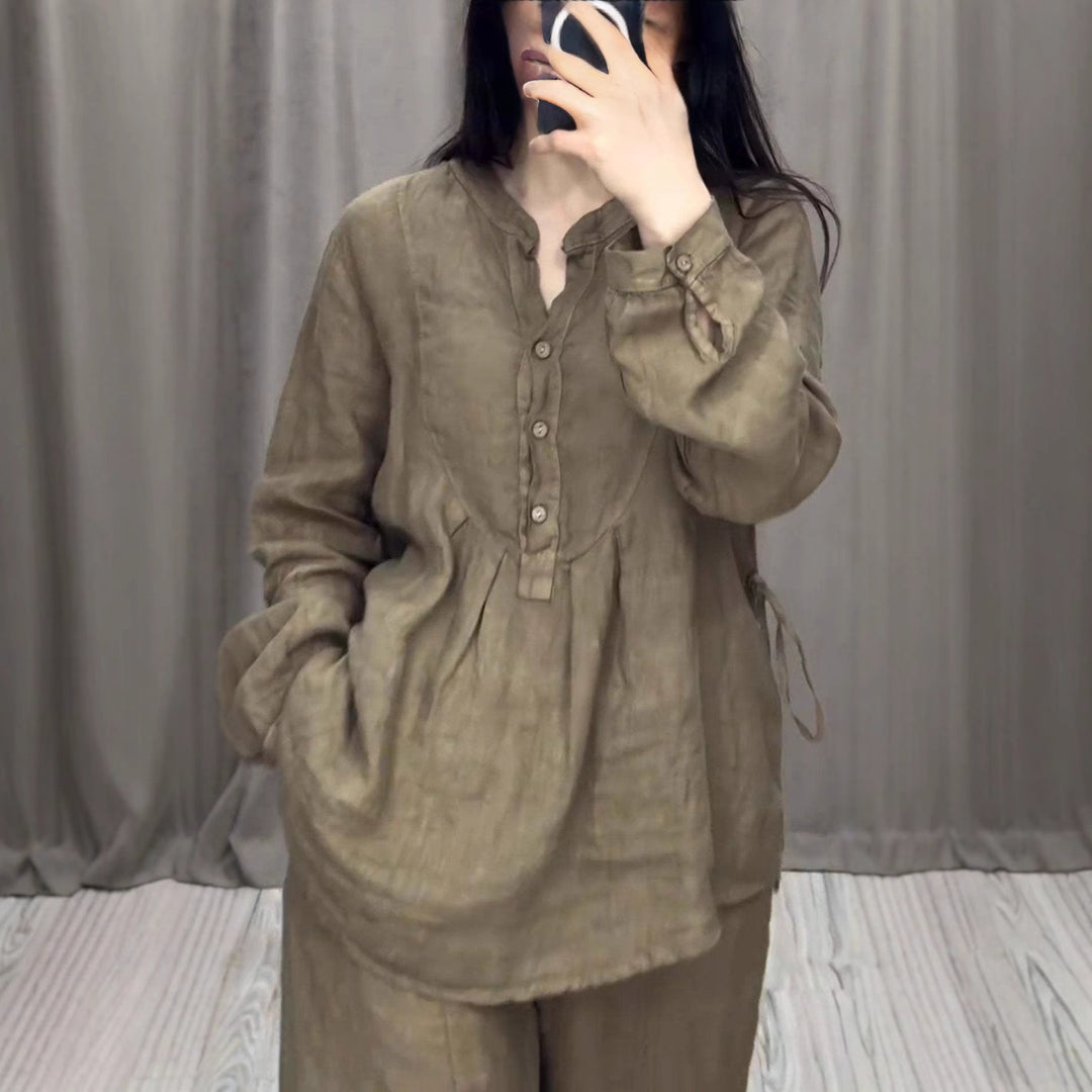 Damen nan lässiges Leinen-Set Tunika mit weitem Bein, Knopfleiste und Seitentaschen EB