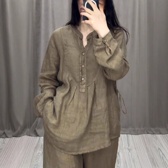 Damen nan lässiges Leinen-Set Tunika mit weitem Bein, Knopfleiste und Seitentaschen EB