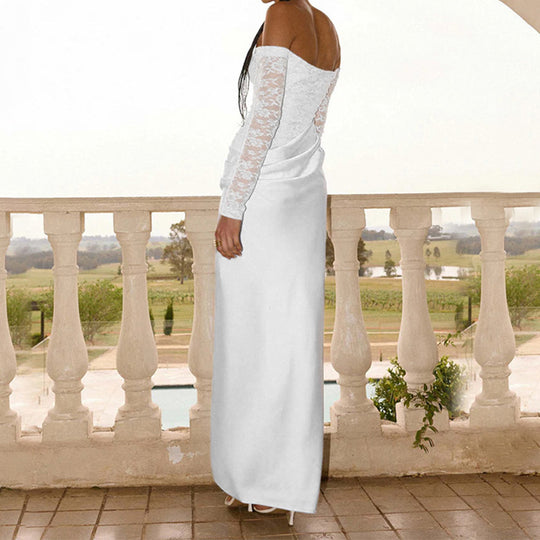 Damen Elegantes Hochzeitskleid mit schulterfreiem Ausschnitt und Spitzenärmeln EB