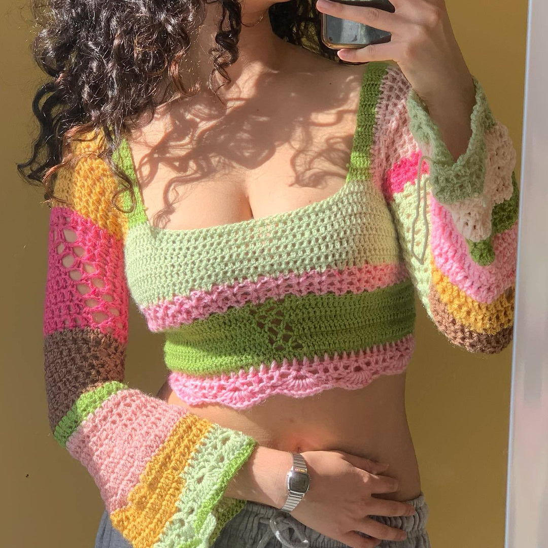 Damen gehäkeltes Crop-Top mit langen Ärmeln und ausgefallenem Saum EB