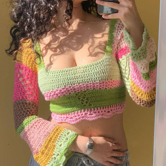 Damen gehäkeltes Crop-Top mit langen Ärmeln und ausgefallenem Saum EB