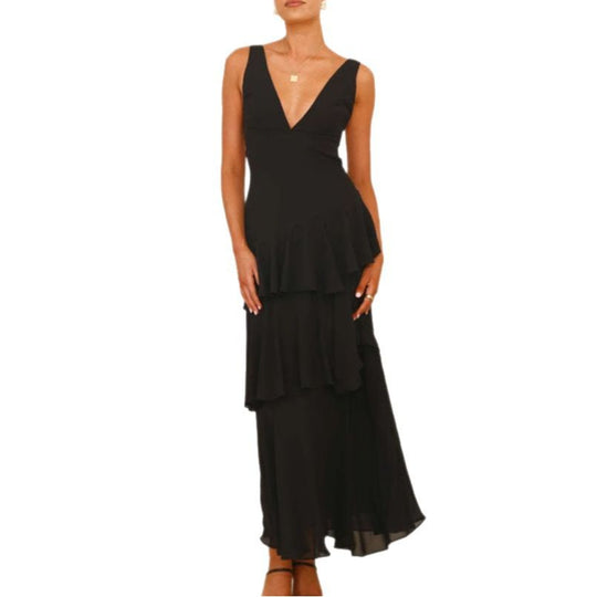 Damen Maxi-Kleid mit eleganten Volants und tiefem V-Ausschnitt EB